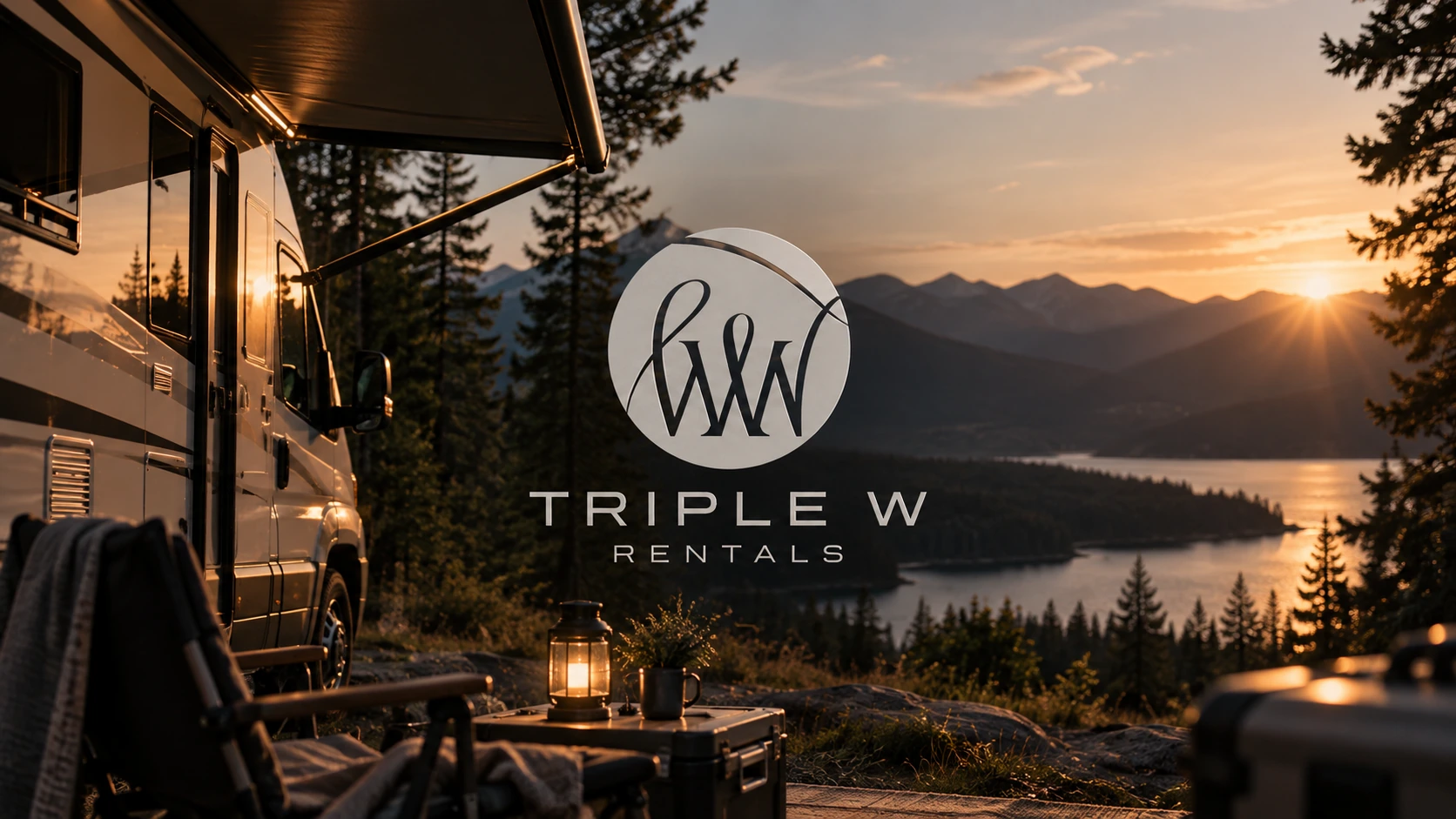 Triple W Rentals, un véhicule récréatif face à un lac au coucher du soleil.